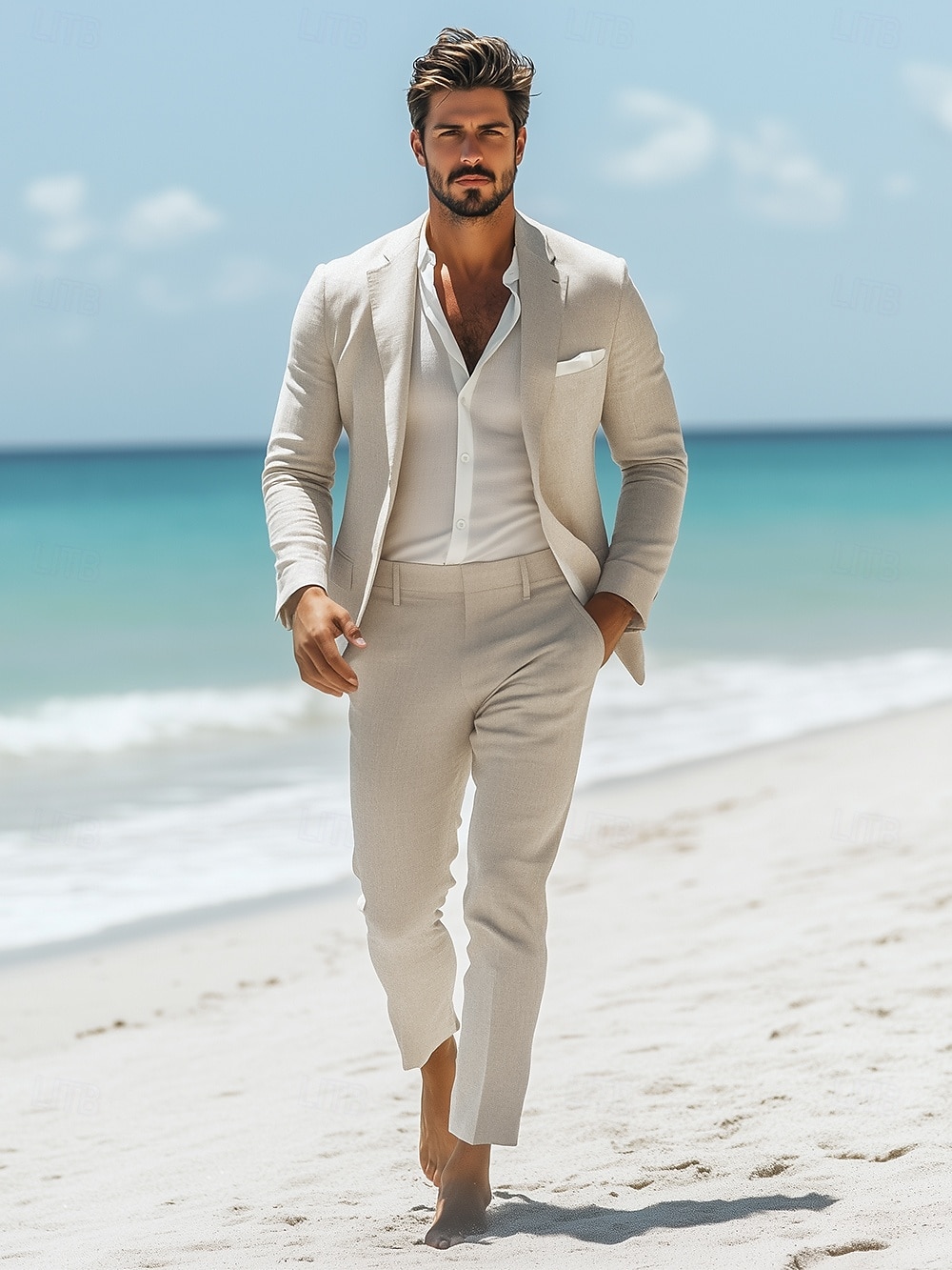 Men's Casual Linen Suits Beige Half Lined Lightweight Summer Solid Colored Standard Fit 2 Piece Single Breasted One-button 2025 - $125.99 –P1