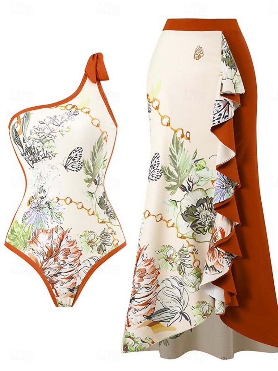 Kvinnors baddräkter en del 2 delar kjol baddräkt volang rygglös magekontroll hög midja smal semester strandkläder blommig asymmetrisk halsringning ärmlös baddräkt 2025 - $44.99 –P13