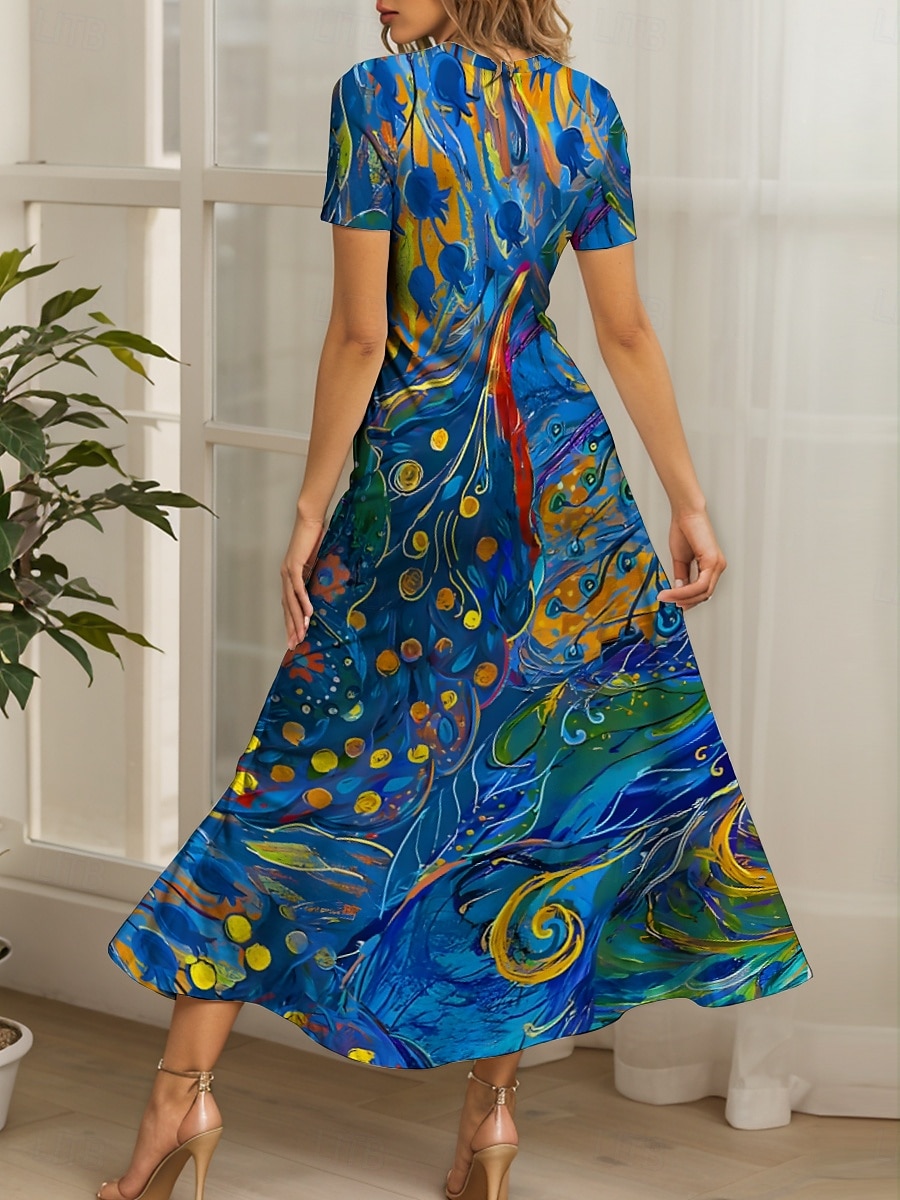Pentru femei Rochie Maxi Rochie casual Rochie A line Rochie de vară Vacanță Epocă Έθνικ Fit regulat Floral Grafic Geometric Manșon scurt Pătrat Scoateți gâtul Albastru piscină Vară Primăvară 2025 - $31.99 –P2