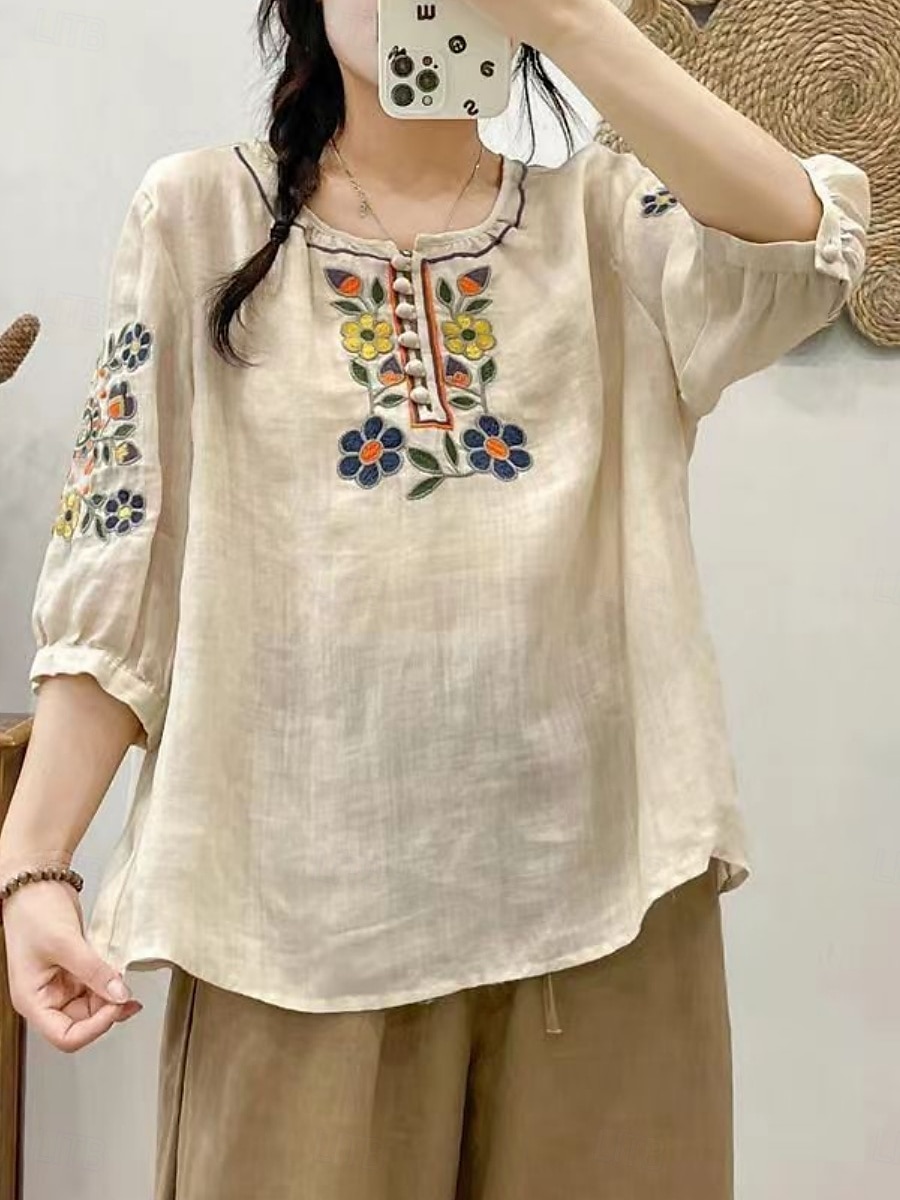 Femmes Chemise Fleuri Élégant Occasionnel Manche 3/4 Col ras du cou Hauts Réguliers Quotidien Broderie Vert Claire Rose Claire Fuchsia Abricot Bleu clair Été Printemps de 2025 ? $19.99 –P1