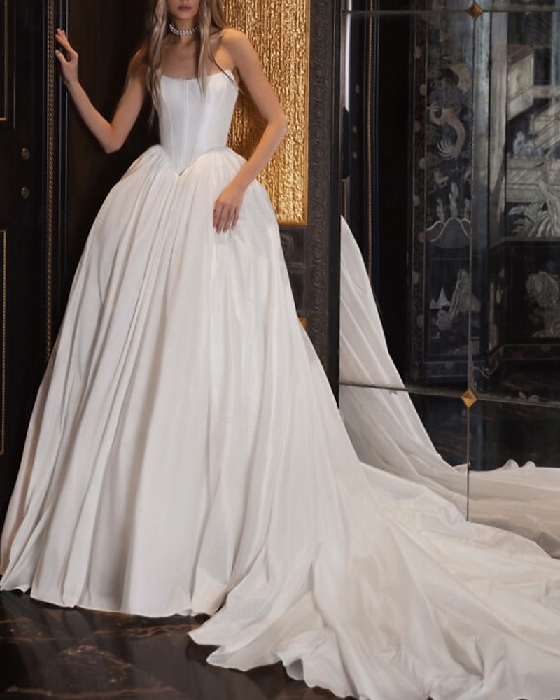 Hall Vintage Royal Style Bustier Drop Waist Wedding Dresses Ball Gown Sleeveless Chapel Train Taffeta Bridal Gowns With Solid Color 2025 - $180.99 –P1
