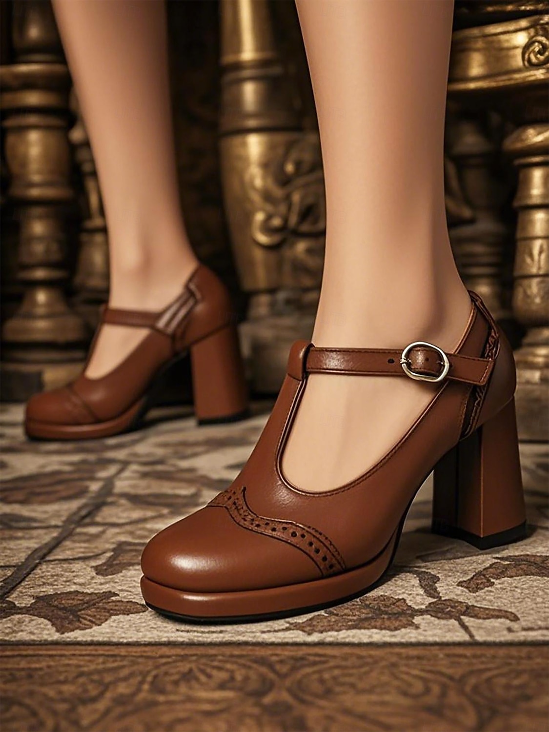 női barna t-pántos mary jane sarkú cipők – az 1930-as évek retro brogue pumpák irodába, teapartikra és vintage ihletésű ruhákba 2025 - $54.99 –P2