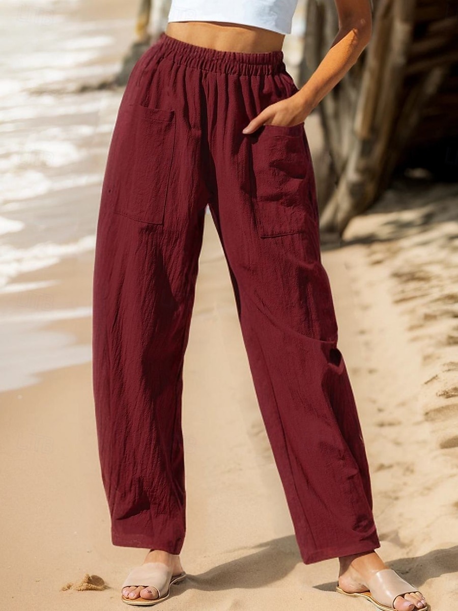 Women's Cotton Linen Pants Baggy Pants Solid Color Vintage Fashion Streetwear Full Length High Waist Plain Pocket Elastic Waistband Comfy Soft Comfortable Micro-elastic Outdoor Vacation Street 2025 - $22.99 –P11