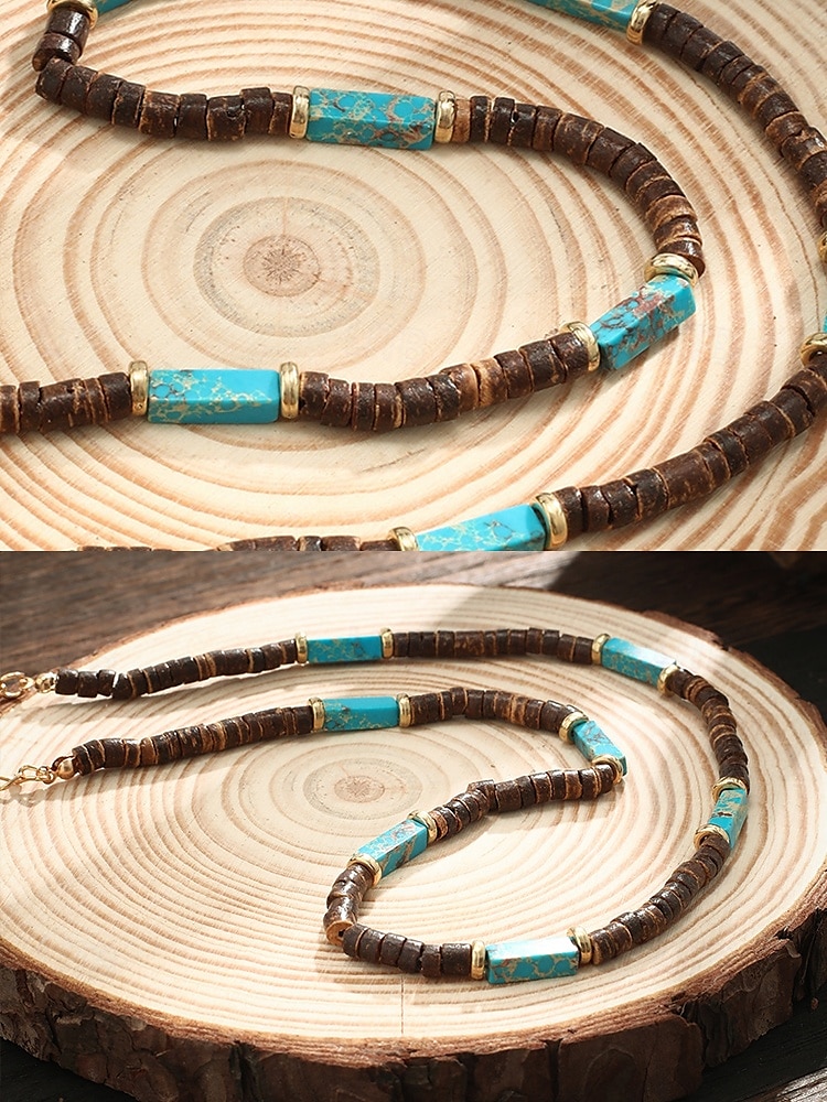 Collier de perles en bois naturel pour homme avec des accents turquoise, style surfeur bohème, bijoux réglables pour la plage, les festivals et les tenues décontractées de 2025 ? $9.99 –P8