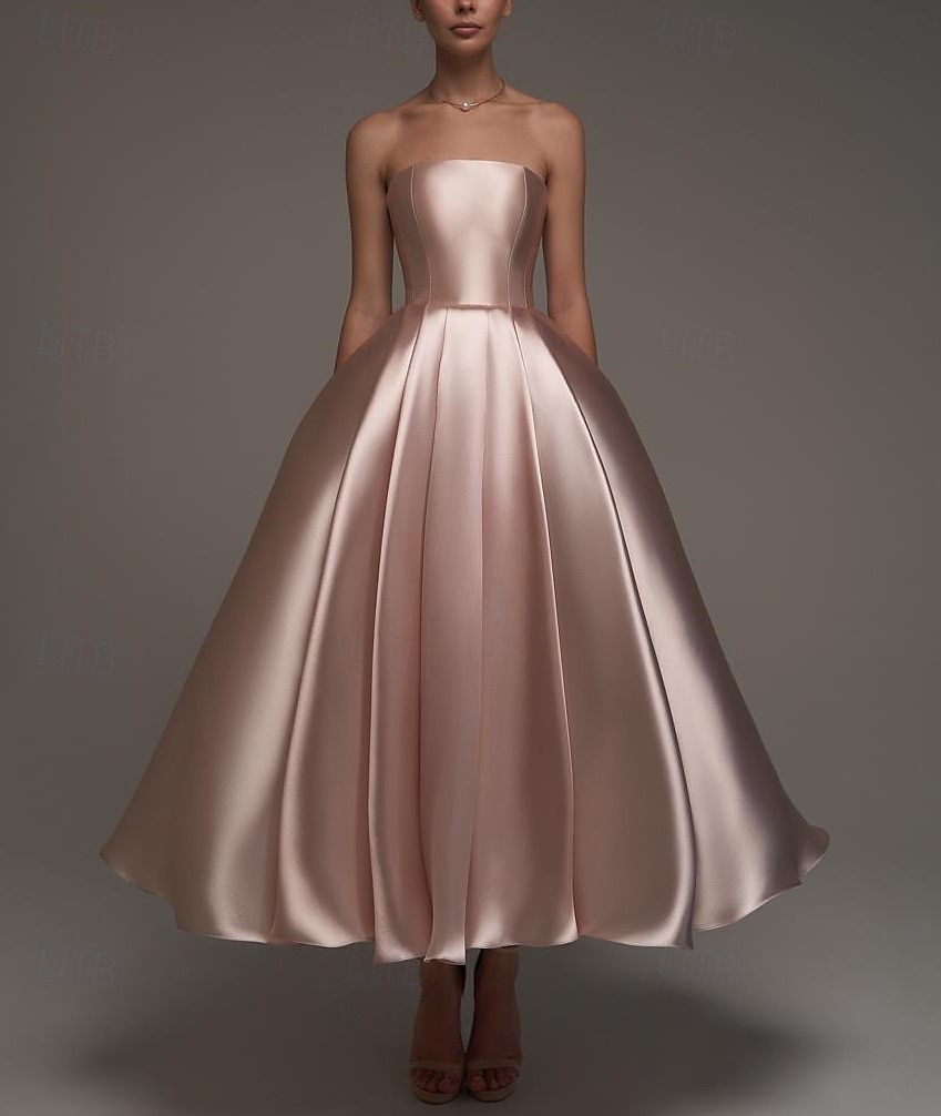 Rosa Ballkleid Satin A-Linien Cocktail Elegante Kleider Formelle Hochzeit Knöchellänge Langarm Schulterfrei Abnehmbar mit Schal 2025 - $137.99 –P4