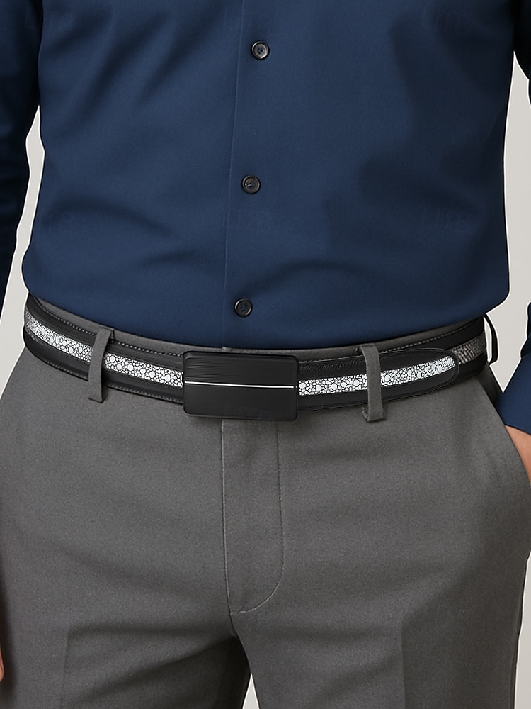 Men's Genuine Stingray Leather Automatic Buckle Belt – Luxury Textured Strap with Reflective Pattern for Business, Formal and Gift Occasions 2025 - $26.99 –P1