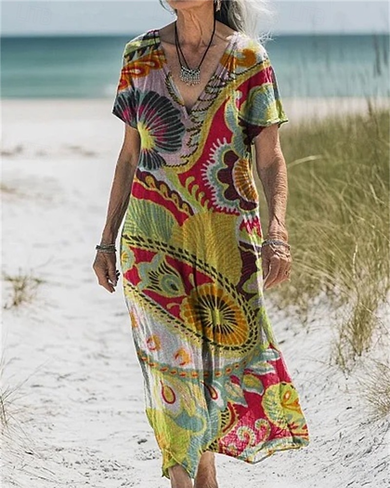 cotton linen boho dress Women's V-Neck Cotton Linen Boho Maxi Dress