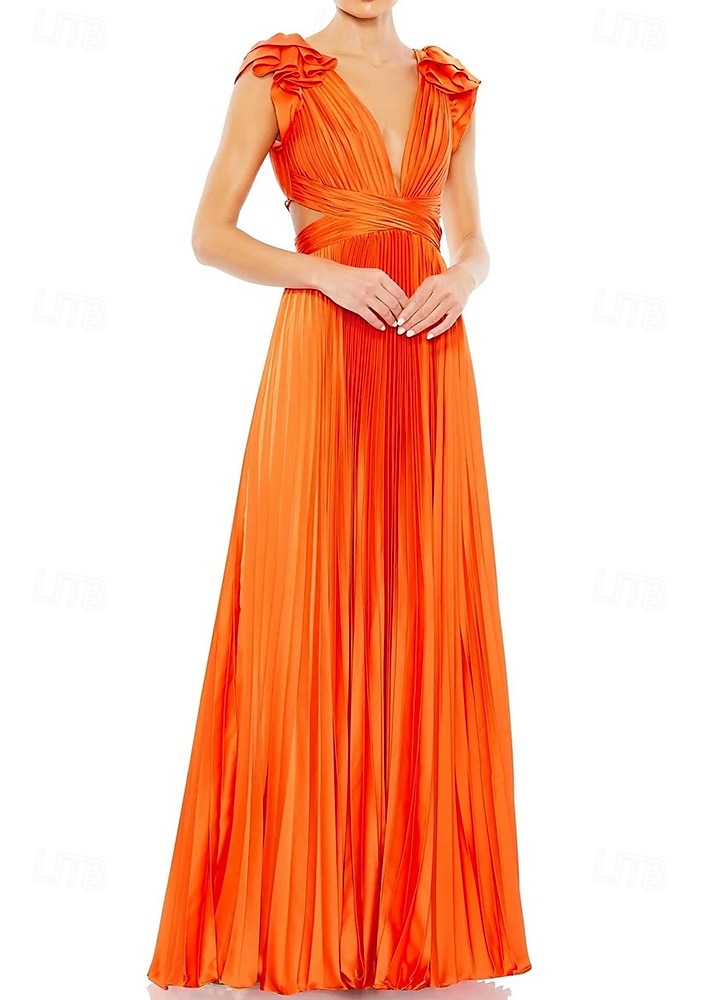 Vestido rosa choque, corte A, vestido de noite, vestido plissado, formal, casamento, comprimento até o chão, sem mangas, decote profundo, cetim com babados, 2025 de 2025 por $144.99 –P6