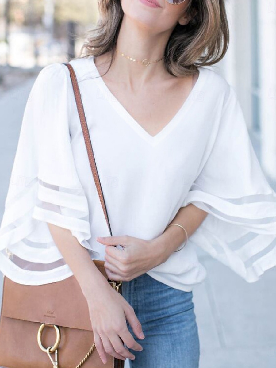 Dame Bluse Helfarge Stilfull Fritid 3/4 ermer V-hals Vanlige topper Daglig Netting Lapper Svart Hvit Rosa Rød Lyseblå Sommer Vår 2025 - $13.99 –P2