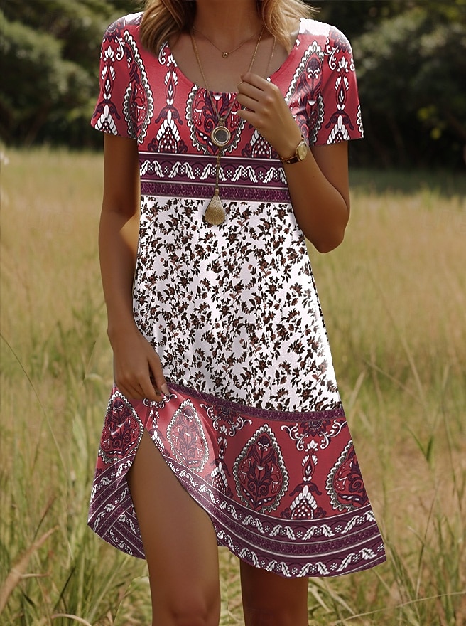 Damen Minikleid T-Shirt-Kleid Sommerkleid Shiftkleid Urlaub Lässig Boho Party Strand Standard Passform Blumen Grafik Stammes Kurzarm Rundhalsausschnitt Gelb Rote Blau Purpur Sommer Frühling 2025 - $23.99 –P2