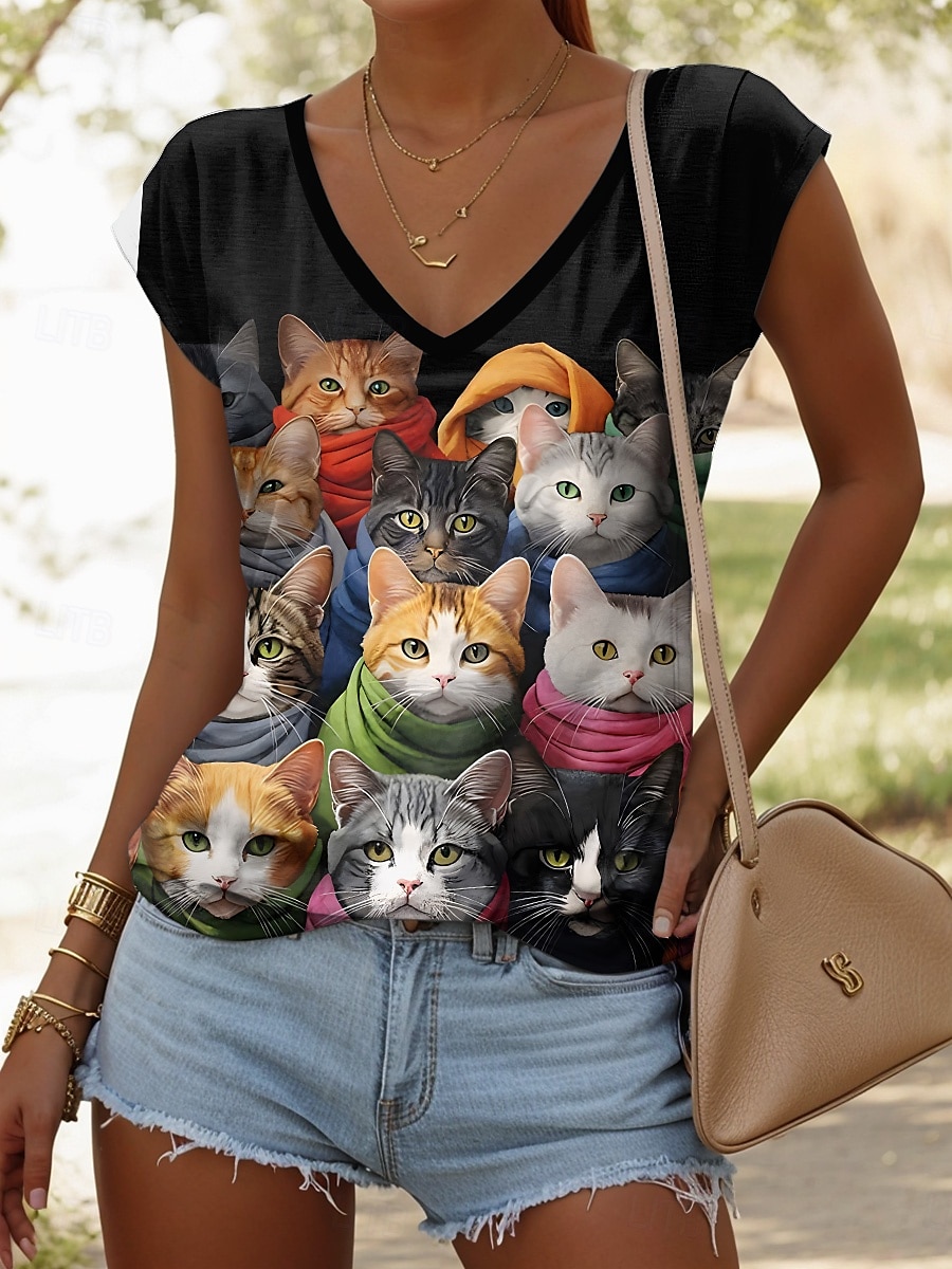Dam Blus Löv Djur Katt Tropisk Stylish Ledigt Ärmlös Axelband Vanliga toppar Dagligen Mönster Svart Vit Gul Sommar Vår 2025 - $17.99 –P2