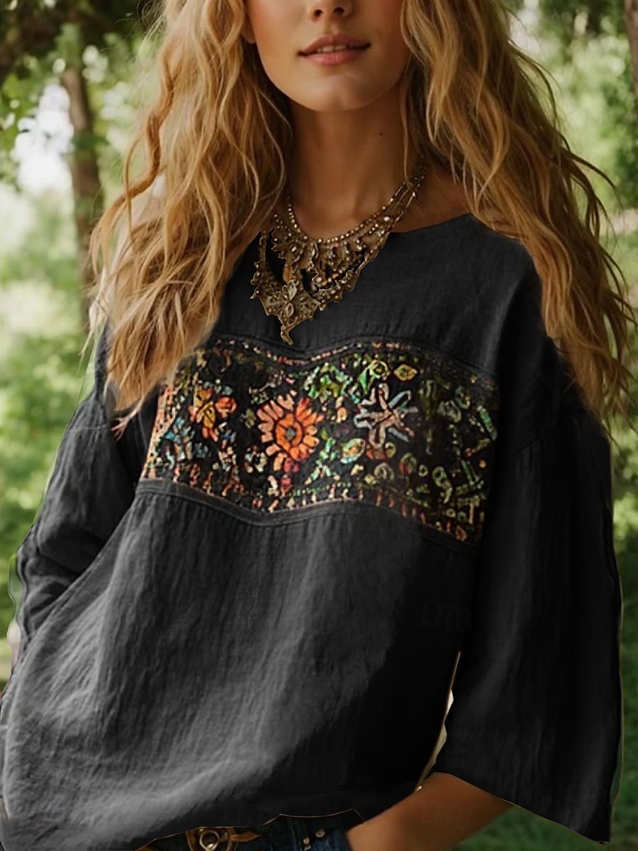 Damen Bluse Blumen Grafik Bohemien Täglich Ethnisch Dreiviertelarm Rundhalsausschnitt U-Boot-Ausschnitt Normale Oberteile Täglich Ferien Urlaubskleidung Druck Schwarz Rote Orange Beige Sommer Frühling 2025 - $27.99 –P4