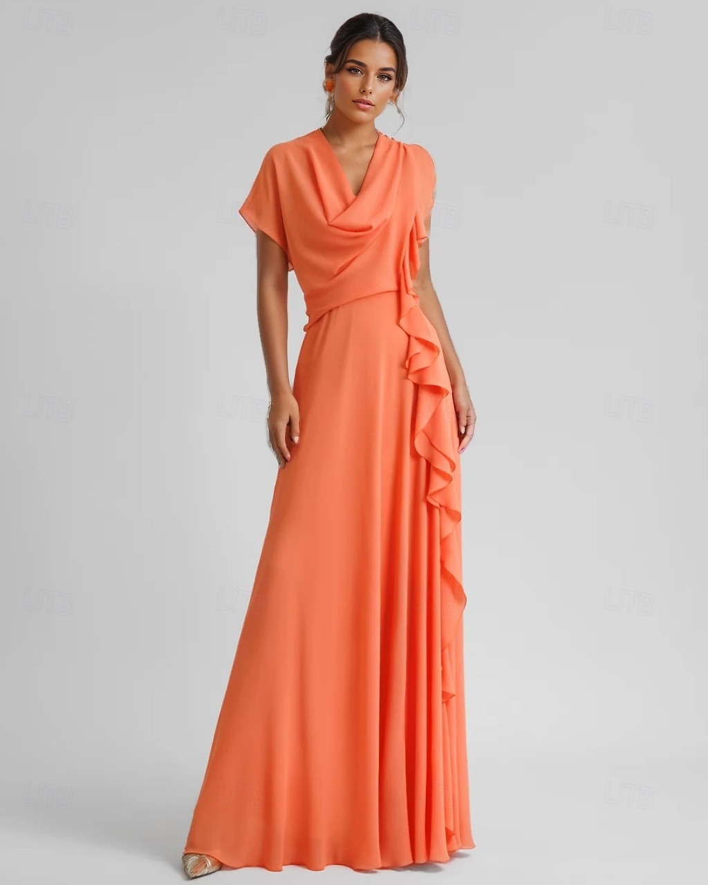 Robe de cocktail jaune élégante en crêpe extensible à volants froncés, longueur au sol, manches 3/4, col en V, pour invité de mariage, 2025 de 2025 ? $109.99 –P1