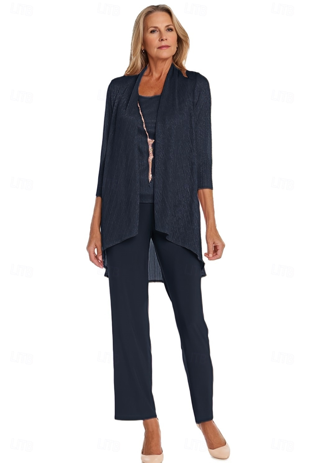 Completo pantalone 3 pezzi per la madre della sposa, elegante, con scollo rotondo, lunghezza pavimento, in chiffon, maniche lunghe, con volant a cascata in pizzo, arricciato, 2025 del 2025 a $148.99 –P2