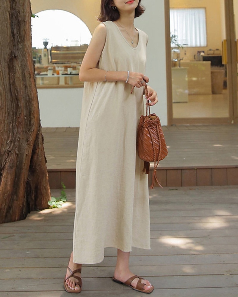Per donna Abito Midi Abito in cotone e lino Classico Vacanza Quotidiano Uscire Vestibilità regolare Semplice Senza Maniche Scollo a V Marrone Albicocca Estate del 2025 a $42.99 –P1
