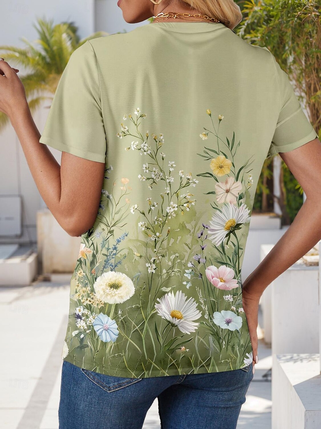 Dame T skjorte Blomstret Grafisk Planter Årgang Stilfull Klassisk Kortermet V-hals Vanlige topper Daglig Ut på byen Helg Trykt mønster Grønn Sommer Vår 2025 - $19.99 –P2