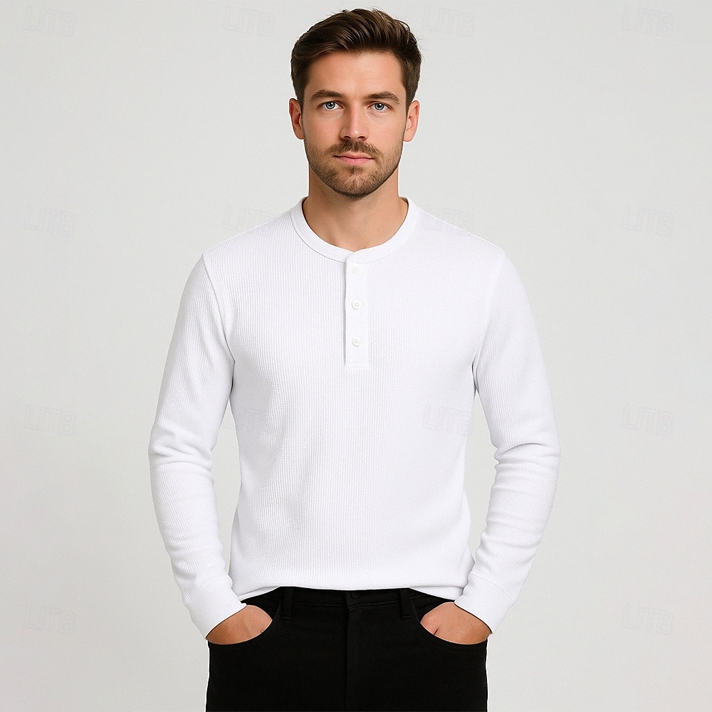 Homens Camiseta Manga Longa Cor Única Neutra Diário Casual Abotoar Henley Escola Casa Trabalho Todas as Estações Verde Escuro Cinzento Escuro Preto Camiseta Henley de 2025 por $27.99 –P12