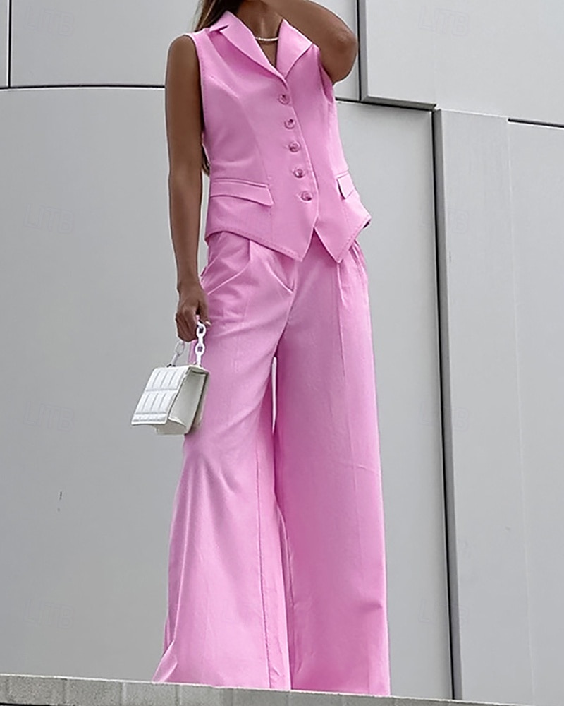 Women's Active Basic Cotton Linen Sets Vest Pants Sets Sleeveless Shirt Collar Solid Color Dubbele Rij Knopen Outdoor Date Pink Blue Summer Regular Fit 2025 - $36.99 –P2