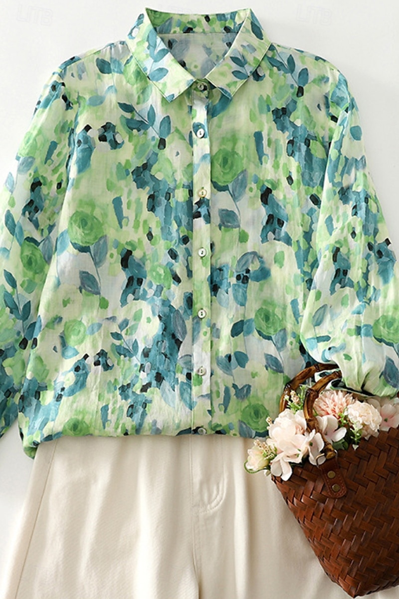 Per donna Camicia Abbottonare Camicia in cotone e lino Blusa Fiore Elegante Moderno Manica Lunga Scollo a V Top Regolari Ferie Uscire Bottoni Stampato Verde Estate del 2025 a $29.99 –P3