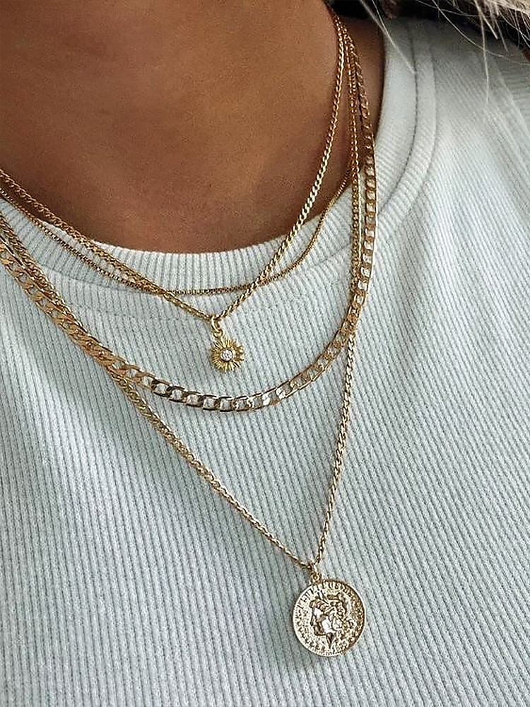 Gold and Silver Multi-Layered Pendant Necklace with Sun and Coin Charms, Trendy Bohemian Jewelry for Women, Perfect for Casual Wear and Summer Outings 2025 - $9.99 –P2