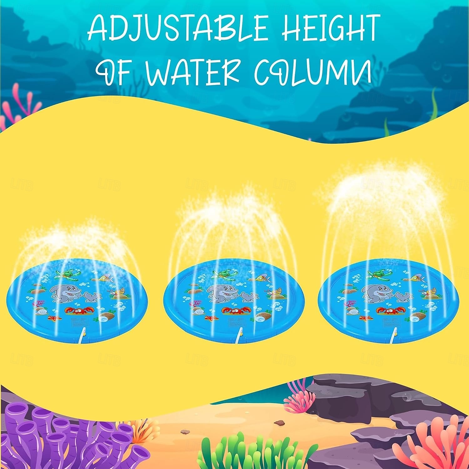 Tapis de jeu d'eau d'extérieur de 39 pouces, motif de vie marine multicolore, tapis anti-éclaboussures en PVC durable avec arroseur, antidérapant bleu &gonflable idéal pour les jouets aquatiques de 2025 ? $27.99 –P7