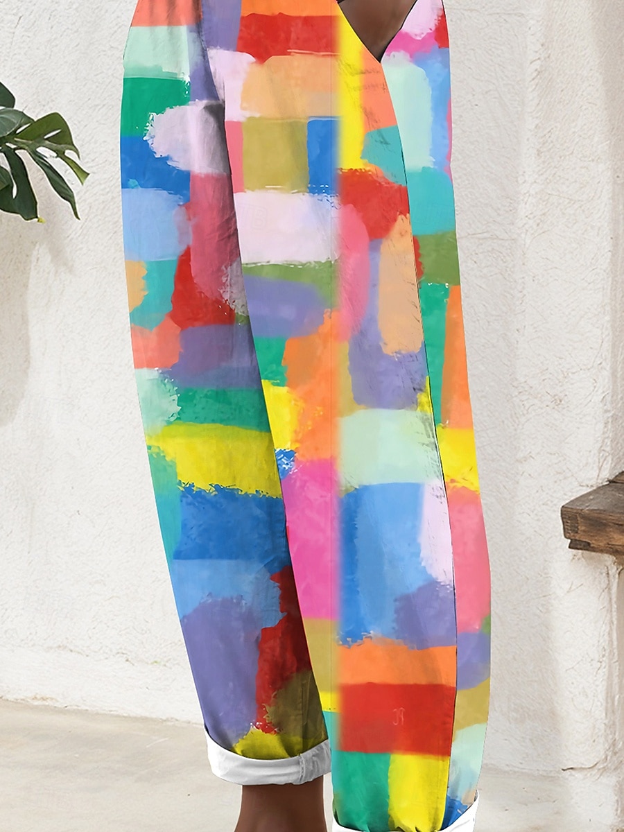 Women's Cotton Linen Pants Baggy Pants Linen Like Fashion Casual Full Length Mid Waist Floral Graphic Print Breathable Outdoor Comfortable Micro-elastic Daily Wear Rainbow Summer Spring Loose Fit 2025 - AU $57.99 –P3