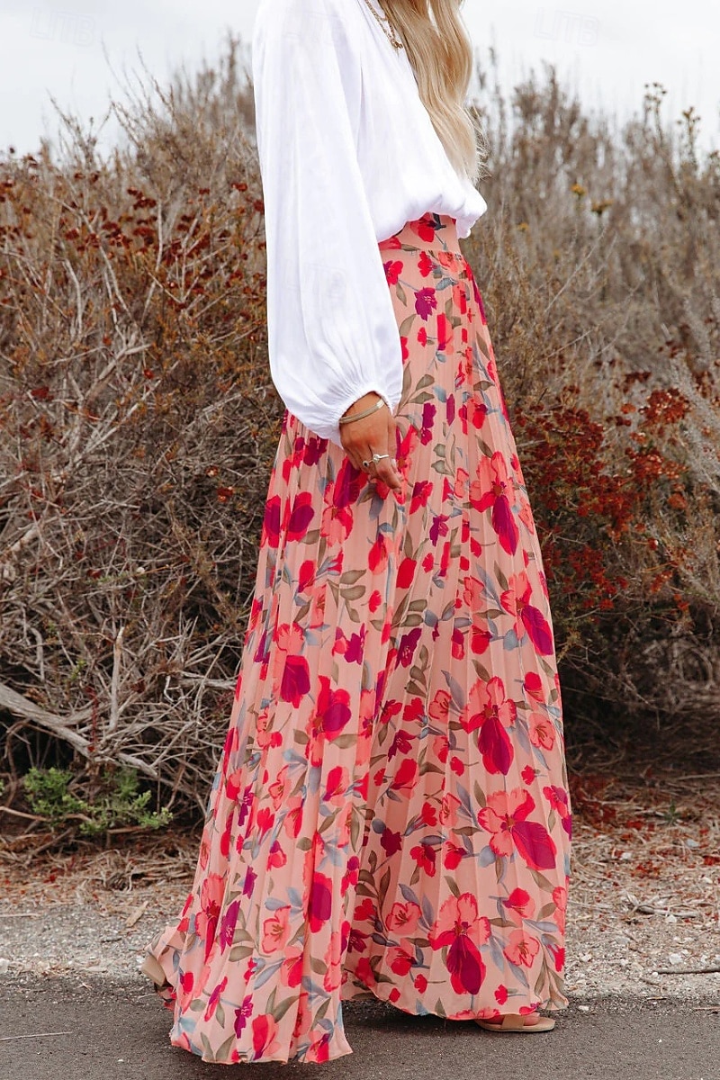 Women's Skirt Fashion Maxi Mid Rise Skirts Floral Print Micro-elastic Vacation Street Pink Summer Polyester 2025 - $23.99 –P4