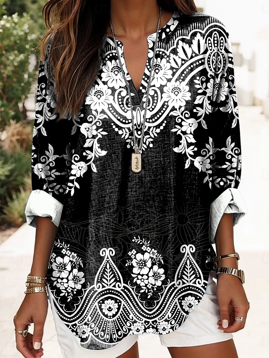 Dame Bluse Grafisk Geometrisk Elegant Daglig Langermet V-hals Vanlige topper Daglig Trykt mønster Svart Gul Rød Blå Gull Sommer Vår 2025 - $24.99 –P1