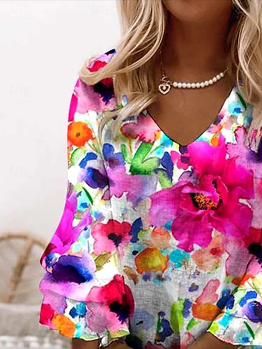 Dam Mini klänning Solklänning A linjeklänning Semester Ledigt Boho Strand Normal Nyans Blommig Grafisk 3/4 ärm V-hals Colourful Sommar Vår 2025 - $46.99 –P2