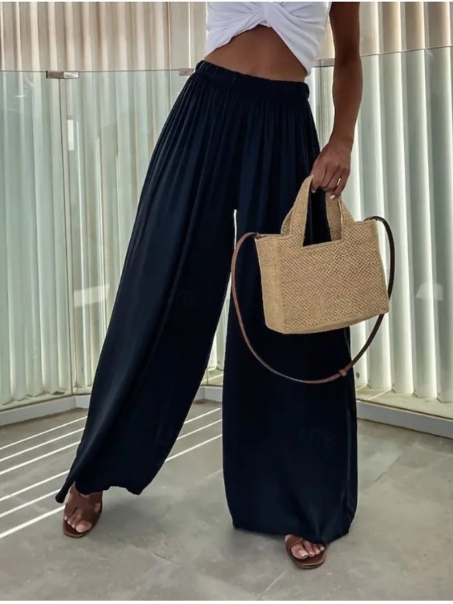 Mulheres Perna larga Calças Roupa de rua Casual Longas Cintura Alta Tecido Design de cordão elástico Corte alto Respirabilidade Macio Micro-Elástica Férias Rua Roupa Diária Preto Verde Claro Vermelho de 2025 por $17.99 –P2