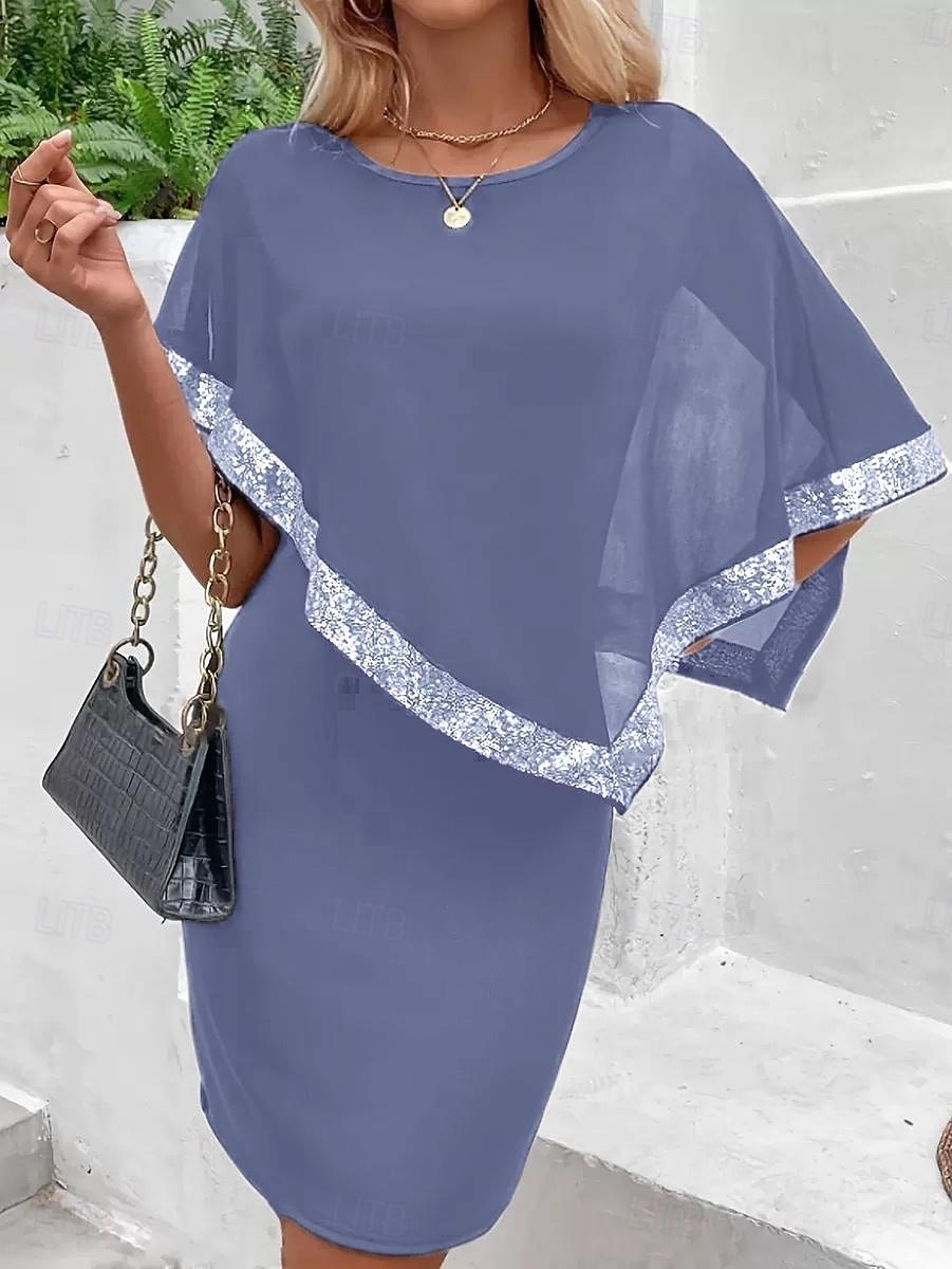 Robe Mère de la Mariée Sirène  Trompette Élégante Vintage Simple Col Rond Longueur Thé Chiffon Manches Courtes avec Sequins Robe Midi 2025 de 2025 ? $132.99 –P2