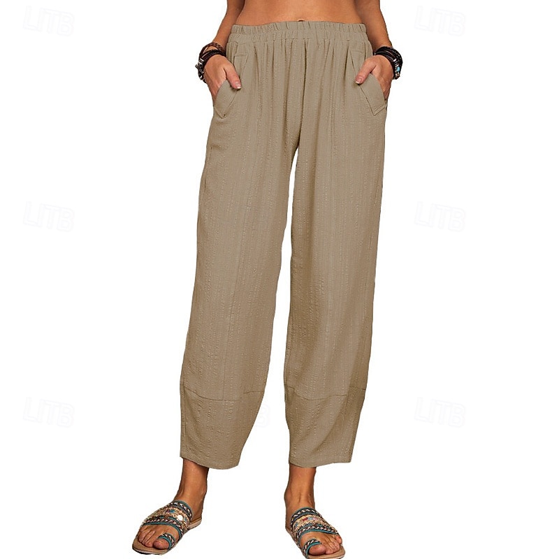 Per donna Pantaloni in cotone e lino Pantaloni Eleganti Streetwear Casual Lunghezza intera Naturale Semplice Tasca Elastico in vita Comodo Confortevole Uscire Weekend Vinaccia Grigio Nero Bianco del 2025 a $24.99 –P1