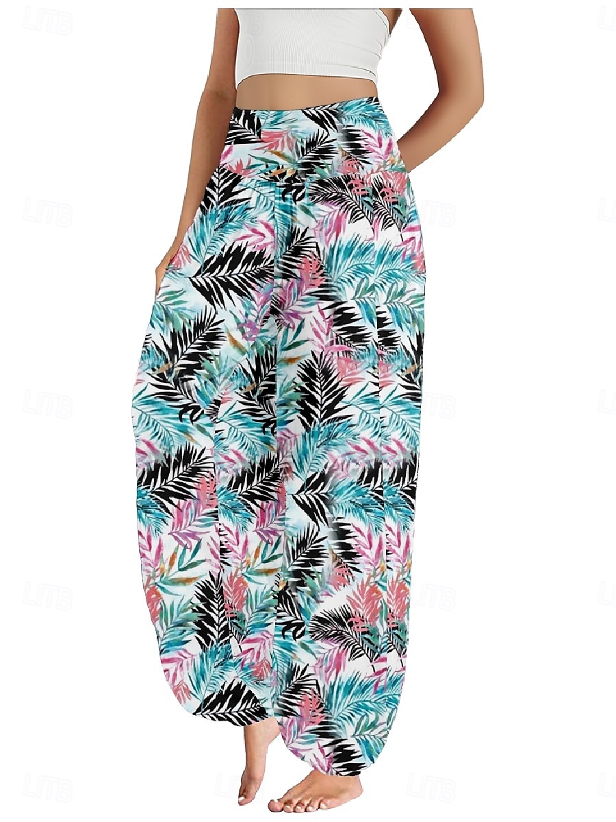 Per donna Pantaloni ispirati al lino Gamba larga Pantaloni Stile Etnico Casual Boho Lunghezza intera Vita Alta Floreale Foglia Tropicale Tasca Elastico in vita Stampa Traspirabilità Morbido del 2025 a $21.99 –P13