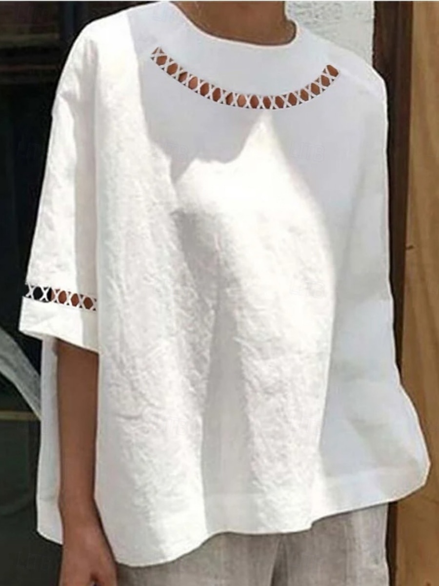 Kvinnes Bomull Lin Bluse Enfarge Grunnleggende Uformell 3/4 Lengde Sleeve Høy Hals Vanlige Topper Daglig Patchwork Hule Ut Blå Sommer 2025 - $25.99 –P1