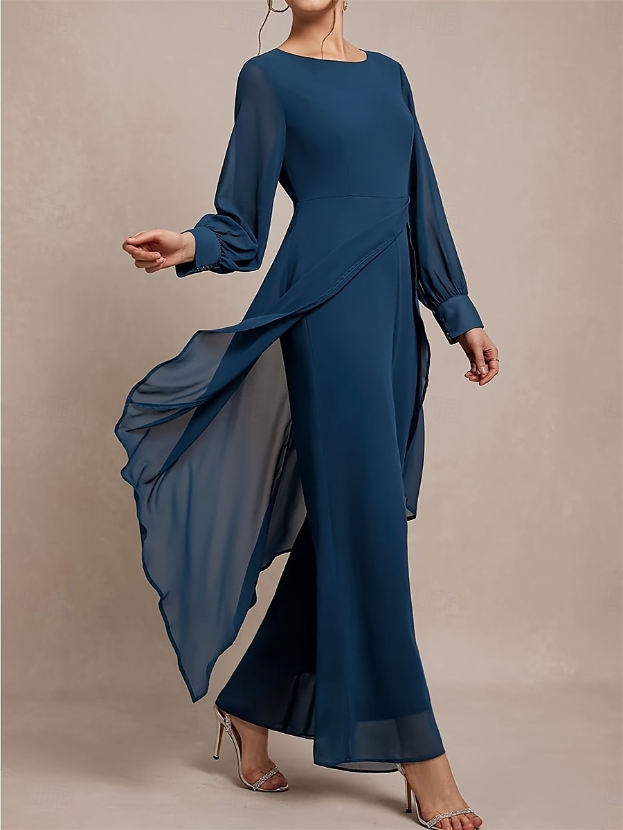 Conjunto Mãe da Noiva Clássico Decote Redondo Barra Assimétrica Manga Longa em Chiffon com Cor Sólida de 2025 por $89.99 –P2