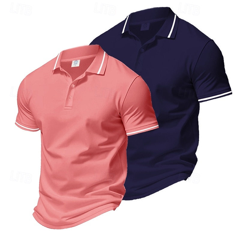 Multi Packs 2pcs Men's Lapel Short Sleeves White+Pink Button Up Polos Golf Shirt Golf Polos Shirts Plain Vacation Daily Wear Polyester Summer 2025 - $22.99 –P3