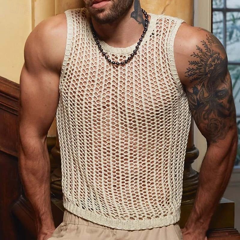 Men's Tank Top Vest Top Undershirt Sleeveless Shirt Sleeveless Crewneck Spring Plain Fashion Designer Hole Vacation Street Going out Beige Top Tee for Men 2025 - $22.99 –P1