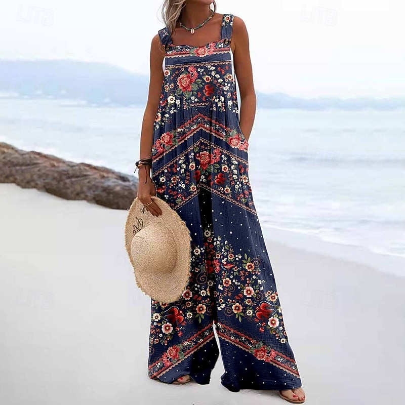 Women's Floral Print Dungarees Jumpsuit Streetwear Sleeveless U Neck Pocket Street Daily Regular Fit Pink Navy Blue Light Grey Summer 2025 - $26.99 –P7