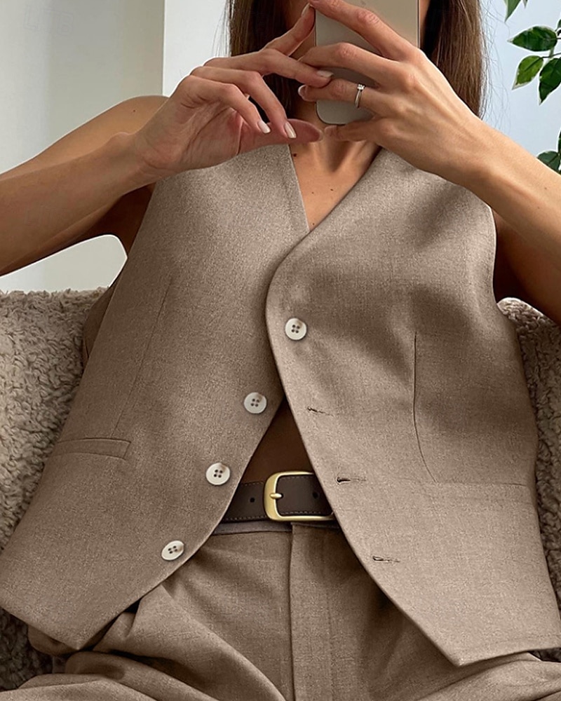 Femmes Actif Mode Chemisier Gilet Ensembles de Pantalons Sans manches Col en V Couleur Unie Dubbele Rij Knopen Extérieur Fête Noir Marron Gris Été Coupe régulière de 2025 ? $39.99 –P4