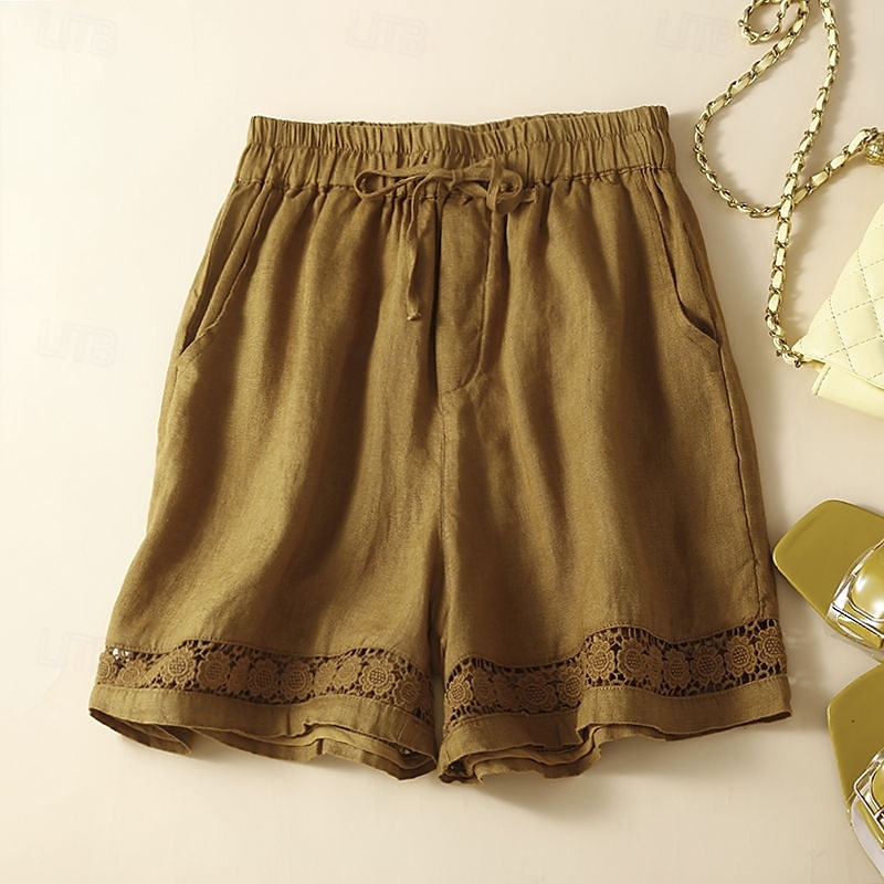 Femmes Short en coton et lin Shorts Slacks Occasionnel Court Naturel Uni Avec Poches Conception à cordon élastique Confortable Extérieur Sortir Noir Gingembre Vert Amande Été Coupe régulière de 2025 ? $14.99 –P7