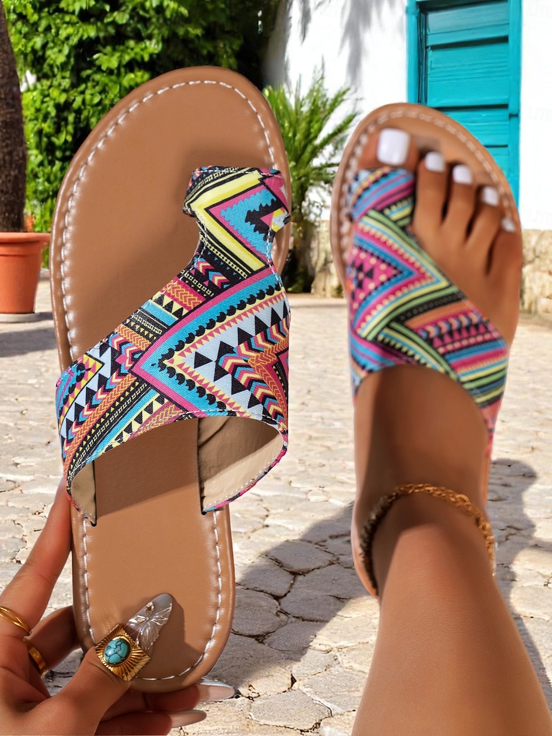 Women's Bohemian Tribal Print Toe Ring Sandals – Lightweight Slip-On Flats for Summer Travel, Beach Holidays, and Casual Outings 2025 - $24.99 –P3
