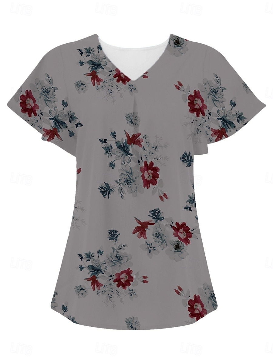 Blouses d'été pour femmes tops floraux stylés décontractés manches courtes col en V tops réguliers quotidien imprimé blanc bleu gris bleu clair été printemps de 2025 ? $15.99 –P10