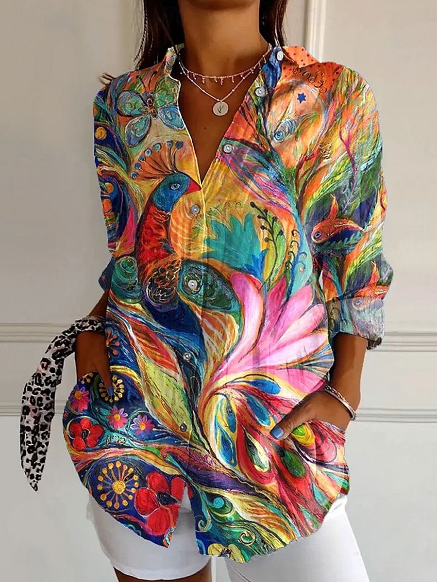 Women's Shirt Floral Graphic Bird Daily Stylish Casual Long Sleeve Shirt Collar Regular Tops Work Daily Buttons Print Red Blue Sky Blue Orange Green Summer Spring 2025 - $32.99 –P3