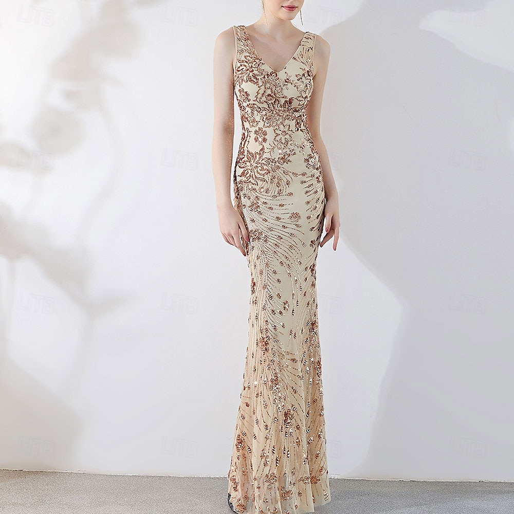 Vestidos de Quinceanera de Sereia  Trompete Vestido Elegante Formal de Casamento Comprimento do Chão Sem Mangas Gola V com Lantejoulas de 2025 por $109.99 –P12