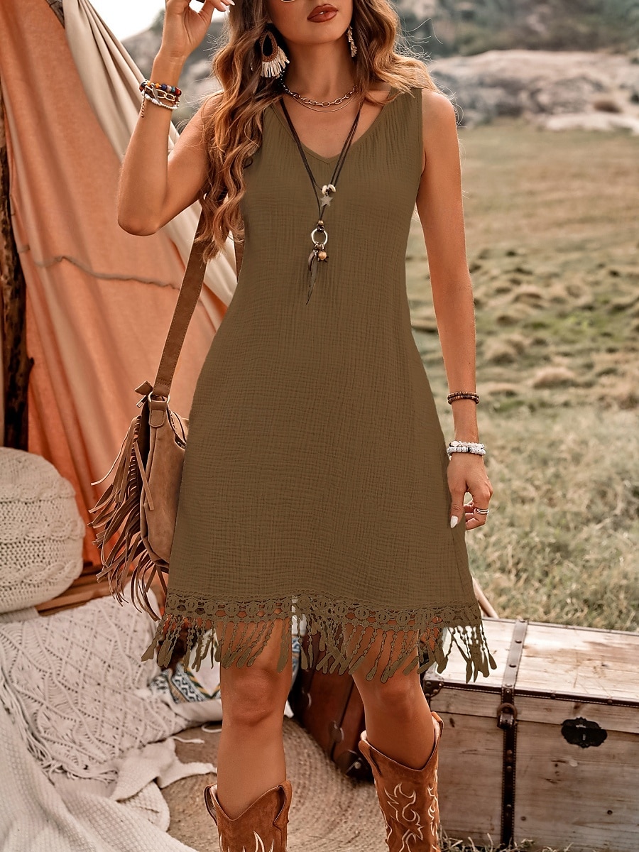 Robe mini femme robe d'été en couleur unie décontractée quotidienne ajustement régulier graphique sans manches col rond vert armée bleu marine marron été de 2025 ? $34.99 –P7