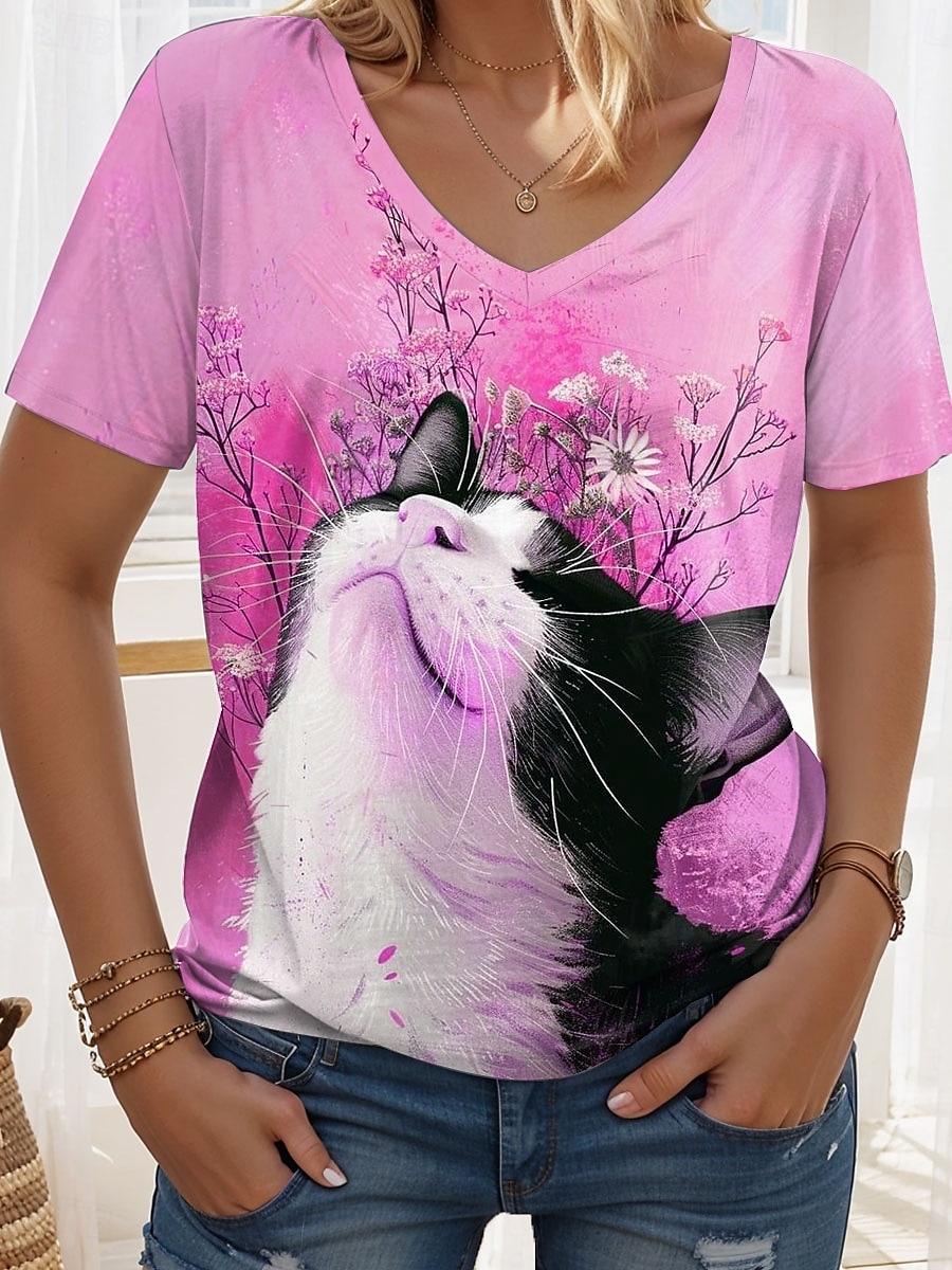 Dam T-shirt Grafisk Djur Katt Vintage Stylish Klassisk Kortärmad V-hals Vanliga toppar Dagligen Mönster Rodnande Rosa Blå Orange Grön Sommar Vår 2025 - $19.99 –P3