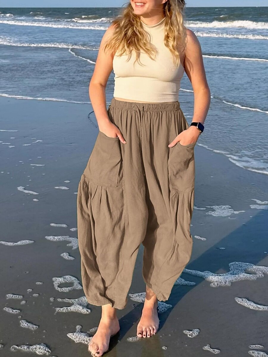 Pantalones baggy de chinos de pierna ancha para mujer Básicos Casual Largos Cintura alta Sencillos Con bolsillo Cinturilla elástica Cómodos Suaves Confortables Micro-elástico Exterior Calle Diaria 2025 - $26.99 –P7