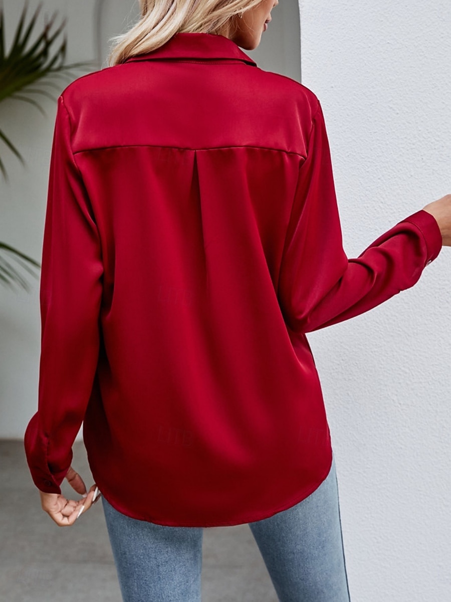 Camicia da Donna Blusa Button Down Colore Pieno Elegante Casual Manica Lunga Camicia Button Down Blusa Colletto Regular Tops Giornaliera Bottoni Nero Bianco Vino Blu Cielo Estate Primavera del 2025 a $19.99 –P6