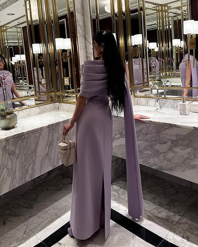 Vestido de Noite Coluna Roxo Rosa Elegante Vestido Formal Comprimento Longo Manga Curta Decote Redondo Crepe com Xale Ruchado de 2025 por $146.99 –P2