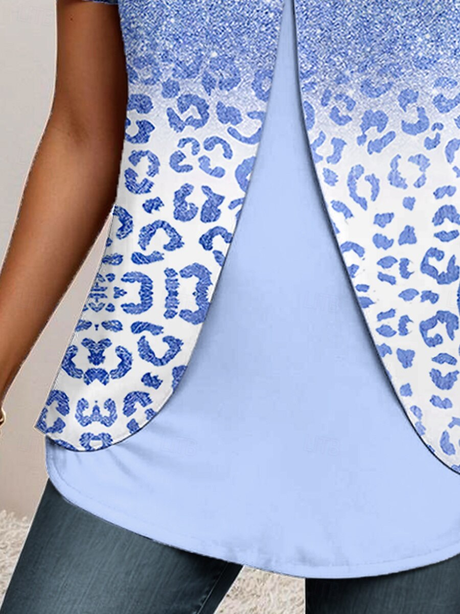 Femmes T-shirt A Ombre Graphique Léopard Élégant ancien Classique Manche Courte Col ras du cou Col rond Hauts Réguliers Quotidien Sortir Patchwork Boutons À Étages Rose Claire Bleu clair Été Printemps de 2025 ? $23.99 –P6